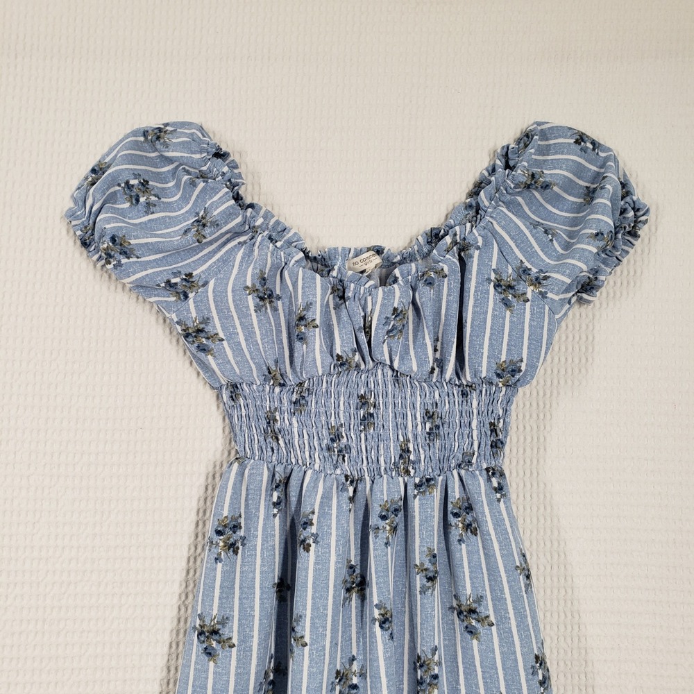 No Comment Floral Striped Dress Girls 14 Blue Smocked Puff Sleeve Cottagecore - Picture 10 of 13